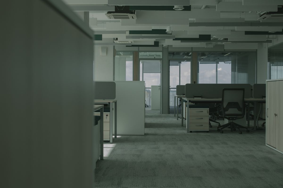 Bright, modern open-plan office interior with large windows